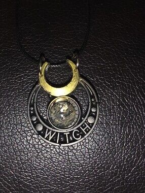 Witch Pendant With Center Gemstone  & Yellow Moon On 18" Cord Nwcklace